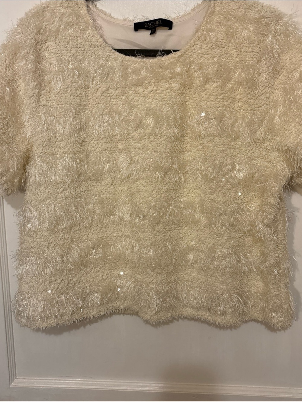 RACHEL Rachel Roy Cream Fuzzy Sequin Short Sleeve Top
